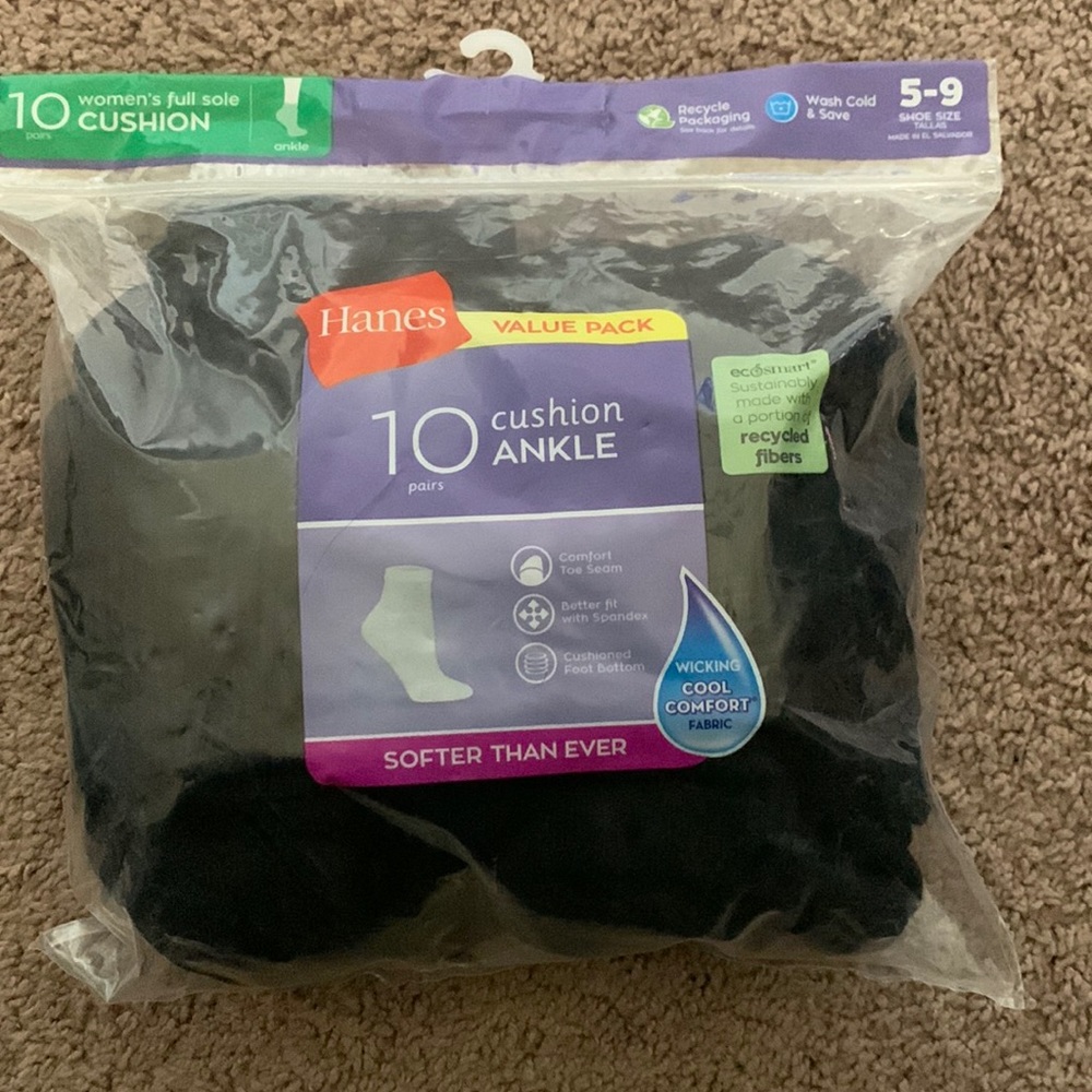 Brand new in pack, Hanes black cushion ankle socks. 10 pairs